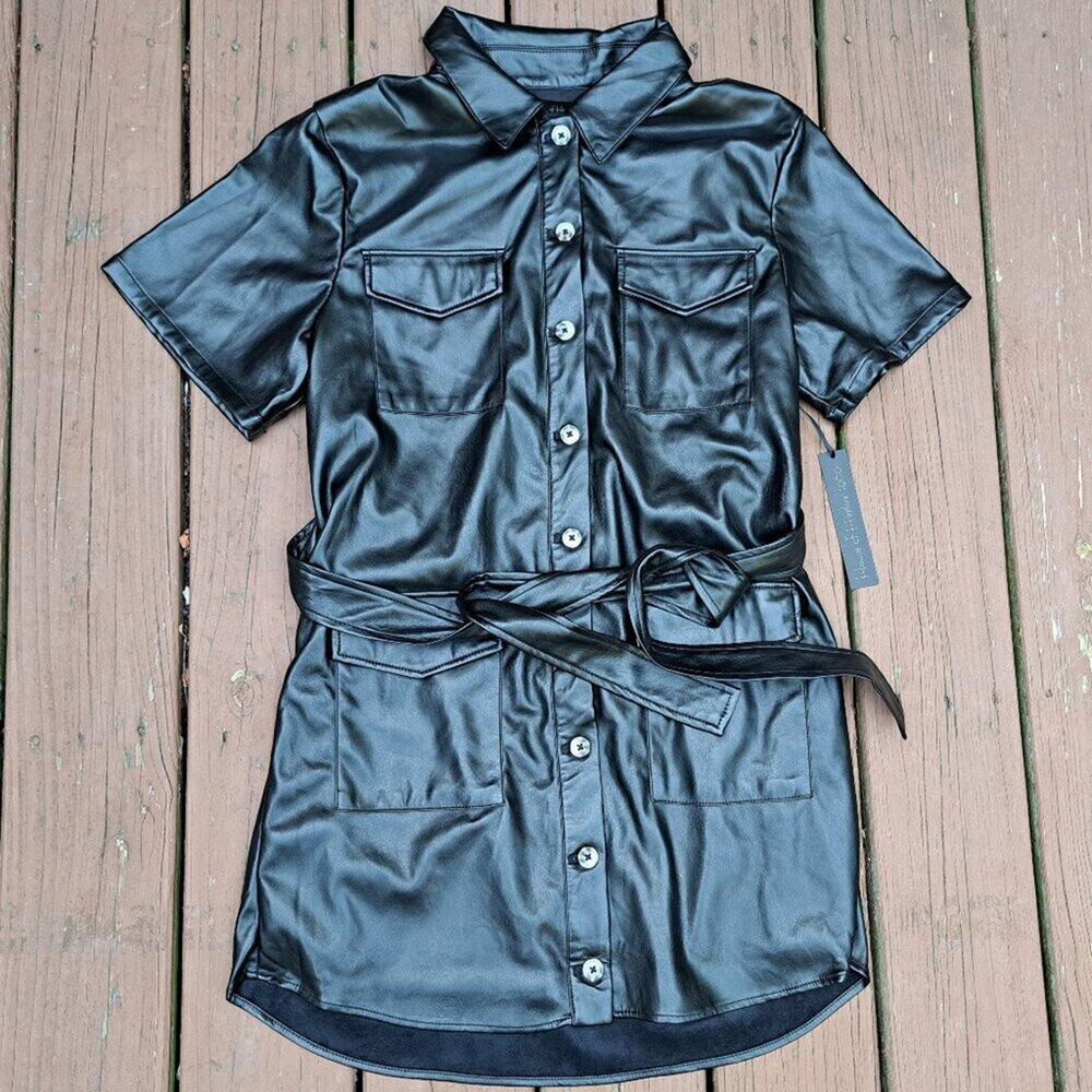 %House of Harlow 1960 Faux Black Leather Mini Dress Shirt Large Women